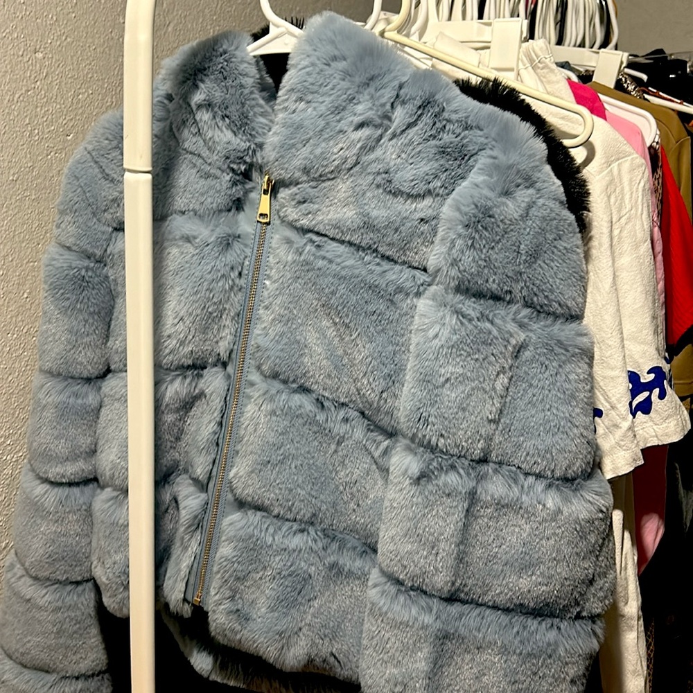 Baby blue faux fur coat